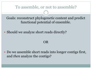 To assemble, or not to assemble?
Goals: reconstruct phylogenetic content and predict
functional potential of ensemble.
 S...