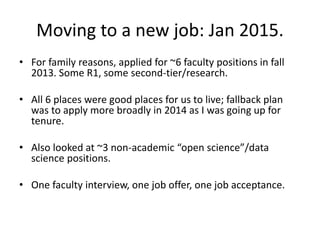 Moving to a new job: Jan 2015.
• For family reasons, applied for ~6 faculty positions in fall
2013. Some R1, some second-tier/research.
• All 6 places were good places for us to live; fallback plan
was to apply more broadly in 2014 as I was going up for
tenure.
• Also looked at ~3 non-academic “open science”/data
science positions.
• One faculty interview, one job offer, one job acceptance.
 