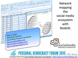 A project from the Social Media Research Foundation: http://www.smrfoundation.org
Network
mapping
the
social media
ecosystem
with
NodeXL
 