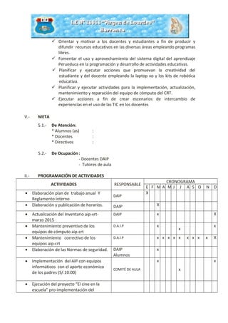  Orientar y motivar a los docentes y estudiantes a fin de producir y
difundir recursos educativos en las diversas áreas empleando programas
libres.
 Fomentar el uso y aprovechamiento del sistema digital del aprendizaje
Perueduca en la programación y desarrollo de actividades educativas.
 Planificar y ejecutar acciones que promuevan la creatividad del
estudiante y del docente empleando la laptop xo y los kits de robótica
educativa.
 Planificar y ejecutar actividades para la implementación, actualización,
mantenimiento y reparación del equipo de cómputo del CRT.
 Ejecutar acciones a fin de crear escenarios de intercambio de
experiencias en el uso de las TIC en los docentes
V.- META
5.1.- De Atención:
* Alumnos (as) :
* Docentes :
* Directivos :
5.2.- De Ocupación :
- Docentes DAIP
- Tutores de aula
II.- PROGRAMACIÓN DE ACTIVIDADES
ACTIVIDADES RESPONSABLE
CRONOGRAMA
E F M A M J J A S O N D
• Elaboración plan de trabajo anual Y
Reglamento Interno
DAIP
X
• Elaboración y publicación de horarios. DAIP X
• Actualización del Inventario aip-xrt-
marzo 2015
DAIP x X
• Mantenimiento preventivo de los
equipos de cómputo aip-crt
D.A.I.P x
x
x
• Mantenimiento correctivo de los
equipos aip-crt
D.A.I.P x x x x x x x x x X
• Elaboración de las Normas de seguridad. DAIP
Alumnos
x
• Implementación del AIP con equipos
informáticos con el aporte económico
de los padres (S/.10:00)
COMITÉ DE AULA
x
x
x
• Ejecución del proyecto “El cine en la
escuela” pro-implementación del
 