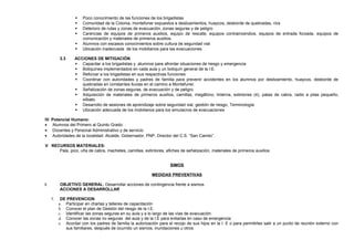  Poco conocimiento de las funciones de los brigadistas
 Comunidad de la Colonia, montefuner expuestos a deslizamientos, huaycos, desborde de quebradas, ríos
 Deterioro de rutas y zonas de evacuación, zonas seguras y de peligro
 Carencias de equipos de primeros auxilios, equipo de rescate, equipos contraincendios, equipos de entrada forzada, equipos de
comunicación y materiales de primeros auxilios.
 Alumnos con escasos conocimientos sobre cultura de seguridad vial
 Ubicación inadecuada de los mobiliarios para las evacuaciones
3.3 ACCIONES DE MITIGACIÓN
 Capacitar a los brigadistas y alumnos para afrontar situaciones de riesgo y emergencia
 Botiquines implementados en cada aula y un botiquín general de la I:E.
 Reforzar a los brigadistas en sus respectivas funciones
 Coordinar con autoridades y padres de familia para prevenir accidentes en los alumnos por deslizamiento, huaycos, desborde de
quebradas en constantes lluvias en el camino a Montefuner.
 Señalización de zonas seguras, de evacuación y de peligro
 Adquisición de materiales de primeros auxilios, camillas, megáfono, linterna, extintores (4), patas de cabra, radio a pilas pequeño,
silbato.
 Desarrollo de sesiones de aprendizaje sobre seguridad vial, gestión de riesgo, Terminología
 Ubicación adecuada de los mobiliarios para los simulacros de evacuaciones
IV. Potencial Humano:
• Alumnos del Primero al Quinto Grado:
• Docentes y Personal Administrativo y de servicio
• Autoridades de la localidad: Alcalde, Gobernador, PNP, Director del C.S. “San Camilo”.
V RECURSOS MATERIALES:
Pala, pico, uña de cabra, machetes, camillas, extintores, afiches de señalización, materiales de primeros auxilios
SIMOS
MEDIDAS PREVENTIVAS
I. OBJETIVO GENERAL: Desarrollar acciones de contingencia frente a sismos.
ACCIONES A DESARROLLAR
1. DE PREVENCION
a. Participar en charlas y talleres de capacitación
b. Conocer el plan de Gestión del riesgo de la I.E.
c. Identificar las zonas seguras en su aula y a lo largo de las vías de evacuación.
d. Conocer las zonas no seguras del aula y de la I.E para evitarlas en caso de emergencia
e. Acordar con los padres de familia la autorización para el recojo de sus hijos en la I. E o para permitirles salir a un punto de reunión externo con
sus familiares, después de ocurrido un sismos, inundaciones u otros.
 