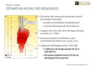 TSXV: FPC | WWW.FALCORES.COM | 10
• Estimation des ressources présumées à partir
des forages historiques
Ouvert en profondeur et latéralement
Coût de découverte de <0,25 $/oz Au
• Longueur de 1 km; 40-120 m de large; étendue
verticale sur 1 700 m
• Structure tubulaire en échelons; zone
minéralisée bien définie (or, cuivre, zinc)
• Largement développé (années ‘30 à ‘60)
4 386 trous de forage espacés de 15 m
(305 000 m)
40 niveaux opérationnels et 55 Km de
développement souterrain
PROJET HORNE
ESTIMATION INITIALE DES RESSOURCES
 