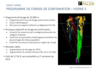 TSXV: FPC | WWW.FALCORES.COM | 14
• Programme de forage de 16 000 m
 Programme de 9 trous de forage à partir de la surface
 Essais métallurgiques
 Mis à jour du rapport conforme au Règlement 43-101
• Principaux objectifs du forage de confirmation :
 Convertir les ressources de la catégorie présumée à la
catégorie indiquée
 Confirmer les paramètres métallurgiques (améliorer les
pourcentages de métaux payables)
 Confirmer les teneurs historiques en argent de >15 g/t
• Résultats ciblés
 Augmentation du tonnage de >30 %
 Augmentation du nombre d’onces d’Éq. Au à >3,5 Moz
• Coût de 3,7 M $; sera complété au 2e semestre de
2015
N S
PROJET HORNE
PROGRAMME DE FORAGE DE CONFIRMATION – HORNE 5
 