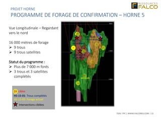 TSXV: FPC | WWW.FALCORES.COM | 15
1 800m
600m
600m
Vue Longitudinale – Regardant
vers le nord
16 000 mètres de forage
 9 trous
 9 trous satellites
Statut du programme :
 Plus de 7 000 m forés
 3 trous et 3 satellites
complétés
PROJET HORNE
PROGRAMME DE FORAGE DE CONFIRMATION – HORNE 5
2A Target
H5-15-01: Hole completed
H5-15-05: Hole in progress
Hole position
600m
3I
2C
2H
2A
2G
1E
1B
2D
1F
H5-15-01
H5-15-01AtwH5-15-02
H5-15-02Atw
H5-15-03-A-B
H5-15-03Ctw
1 800m
1 200m
600m
600m
H5-15-05
H5-15-01: Trous complétés
H5-15-05: Forage actuel
2A cibles
Intersections ciblées
 