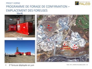 TSXV: FPC | WWW.FALCORES.COM | 18
PROJET HORNE
PROGRAMME DE FORAGE DE CONFIRMATION –
EMPLACEMENT DES FOREUSES
Site #1
(B,F)
Site #2
(A,C,D,E,G,H)
Site #3
(I)
Site #1
Site #2
• 3e foreuse déployée en juin
 