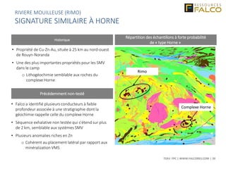 TSXV: FPC | WWW.FALCORES.COM | 20
Historique
Précédemment non-testé
• Propriété de Cu-Zn-Au, située à 25 km au nord-ouest
de Rouyn-Noranda
• Une des plus importantes propriétés pour les SMV
dans le camp
o Lithogéochimie semblable aux roches du
complexe Horne
• Falco a identifié plusieurs conducteurs à faible
profondeur associée à une stratigraphie dont la
géochimie rappelle celle du complexe Horne
• Séquence exhalative non testée qui s’étend sur plus
de 2 km, semblable aux systèmes SMV
• Plusieurs anomalies riches en Zn
o Cohérent au placement latéral par rapport aux
minéralization VMS
Répartition des échantillons à forte probabilité
de « type Horne »
Rimo
Complexe Horne
RIVIERE MOUILLEUSE (RIMO)
SIGNATURE SIMILAIRE À HORNE
 