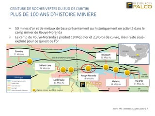 TSXV: FPC | WWW.FALCORES.COM | 7
Larder Lake
13 Moz Au
Kirkland Lake
24 Moz Au
Timmins
71 Moz Au
Rouyn-Noranda
19 Moz Au
Malartic
14 Moz Au
Bousquet
21 Moz Au
Zones de la Faille Lennox Creek
Zone de la Faille Porcupine Destor
Cadillac
Fault Zone
ONTARIO
QUEBEC
Rouyn-Noranda
Timiskaming Sediments
Cobalt Plate
Felsic Intrusive
Kap High
Mafic/Ultramafic Volcanics
Géologie
Val-d’Or
14 Moz Au
Camp minier aurifère majeur
• 50 mines d’or et de métaux de base présentement ou historiquement en activité dans le
camp minier de Rouyn-Noranda
• Le camp de Rouyn-Noranda a produit 19 Moz d’or et 2,9 Glbs de cuivre, mais reste sous-
exploré pour ce qui est de l’or
0 25 50 75 100
Kilometres
CEINTURE DE ROCHES VERTES DU SUD DE L’ABITIBI
PLUS DE 100 ANS D’HISTOIRE MINIÈRE
 