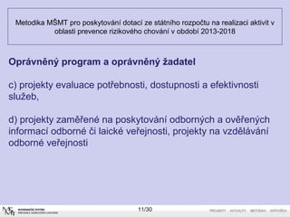 Metodika MŠMT pro poskytování dotací ze státního rozpočtu na realizaci aktivit v 
oblasti prevence rizikového chování v období 2013-2018 
Oprávněný program a oprávněný žadatel 
c) projekty evaluace potřebnosti, dostupnosti a efektivnosti 
služeb, 
d) projekty zaměřené na poskytování odborných a ověřených 
informací odborné či laické veřejnosti, projekty na vzdělávání 
odborné veřejnosti 
11/30 
 