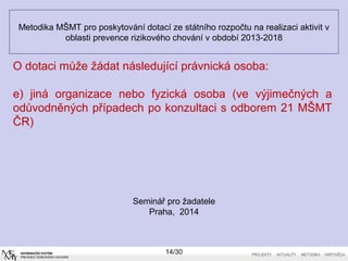 Metodika MŠMT pro poskytování dotací ze státního rozpočtu na realizaci aktivit v 
oblasti prevence rizikového chování v období 2013-2018 
O dotaci může žádat následující právnická osoba: 
e) jiná organizace nebo fyzická osoba (ve výjimečných a 
odůvodněných případech po konzultaci s odborem 21 MŠMT 
ČR) 
Seminář pro žadatele 
Praha, 2014 
14/30 
 