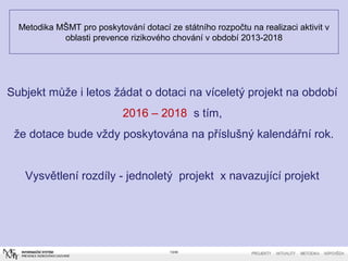 Metodika MŠMT pro poskytování dotací ze státního rozpočtu na realizaci aktivit v
oblasti prevence rizikového chování v období 2013-2018
13/40
Subjekt může i letos žádat o dotaci na víceletý projekt na období
2016 – 2018 s tím,
že dotace bude vždy poskytována na příslušný kalendářní rok.
Vysvětlení rozdíly - jednoletý projekt x navazující projekt
 