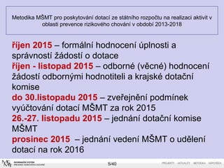 Metodika MŠMT pro poskytování dotací ze státního rozpočtu na realizaci aktivit v
oblasti prevence rizikového chování v období 2013-2018
5/40
říjen 2015 – formální hodnocení úplnosti a
správností žádostí o dotace
říjen - listopad 2015 – odborné (věcné) hodnocení
žádostí odbornými hodnotiteli a krajské dotační
komise
do 30.listopadu 2015 – zveřejnění podmínek
vyúčtování dotací MŠMT za rok 2015
26.-27. listopadu 2015 – jednání dotační komise
MŠMT
prosinec 2015 – jednání vedení MŠMT o udělení
dotací na rok 2016
 