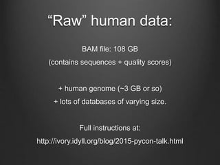 “Raw” human data:
BAM file: 108 GB
(contains sequences + quality scores)
+ human genome (~3 GB or so)
+ lots of databases of varying size.
Full instructions at:
http://ivory.idyll.org/blog/2015-pycon-talk.html
 