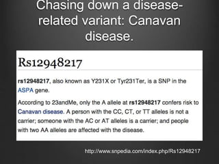 Chasing down a disease-
related variant: Canavan
disease.
http://www.snpedia.com/index.php/Rs12948217
 