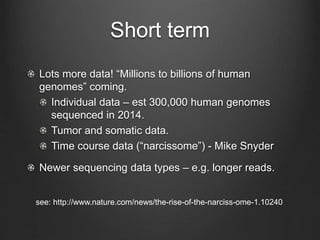Short term
Lots more data! “Millions to billions of human
genomes” coming.
Individual data – est 300,000 human genomes
sequenced in 2014.
Tumor and somatic data.
Time course data (“narcissome”) - Mike Snyder
Newer sequencing data types – e.g. longer reads.
see: http://www.nature.com/news/the-rise-of-the-narciss-ome-1.10240
 