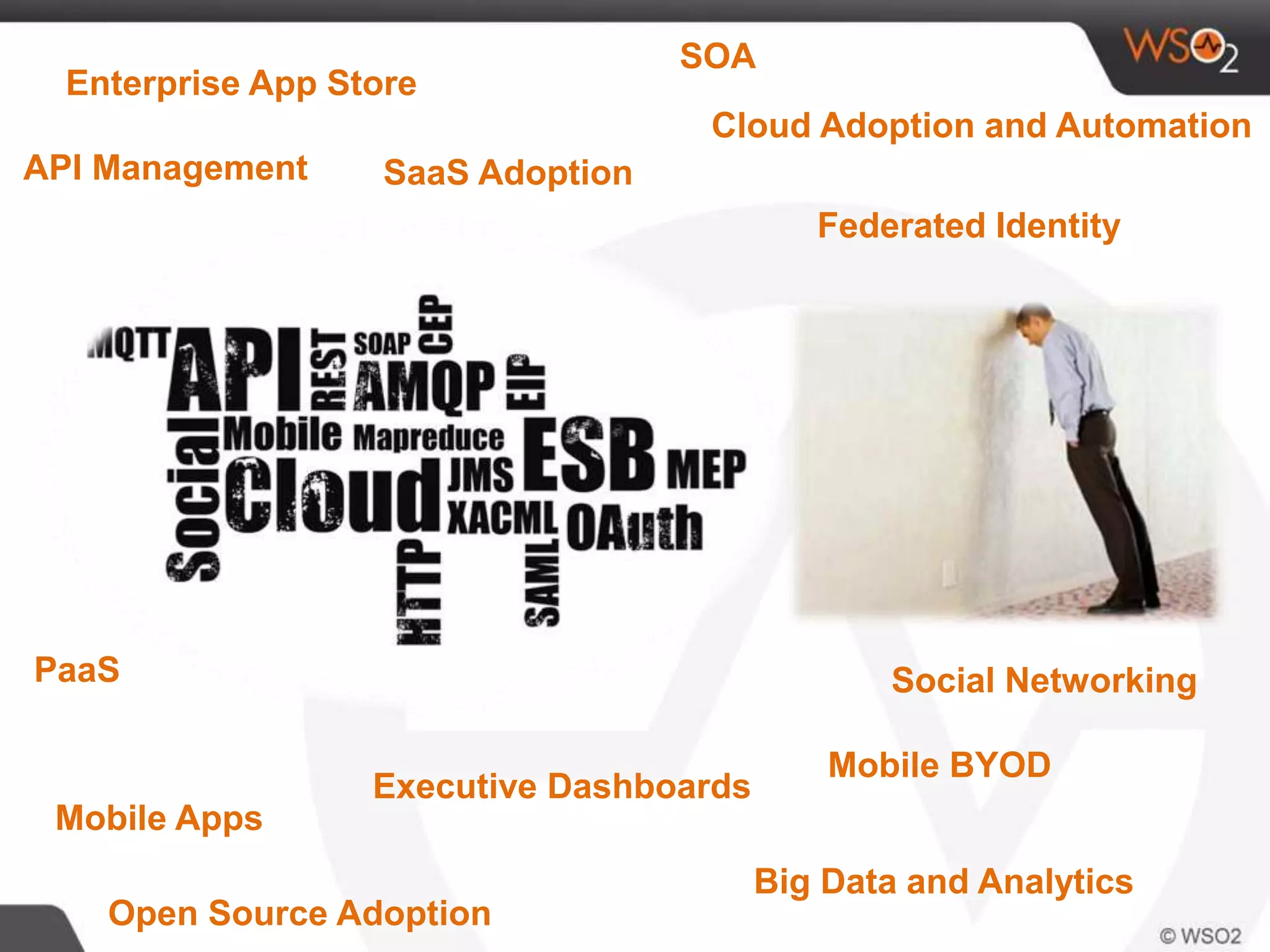 Enterprise App Store
API Management SaaS Adoption
Executive Dashboards
PaaS
Mobile Apps
Open Source Adoption
SOA
Cloud Adoption and Automation
Federated Identity
Social Networking
Mobile BYOD
Big Data and Analytics
 