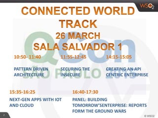 2
10:50- 11:40 11:55-12:45 14:15-15:05
PATTERN DRIVEN
ARCHITECTURE
SECURING THE
INSECURE
CREATING AN API
CENTRIC ENTERPRISE
15:35-16:25 16:40-17:30
NEXT-GEN APPS WITH IOT
AND CLOUD
PANEL: BUILDING
TOMORROW’SENTERPRISE: REPORTS
FORM THE GROUND WARS
 