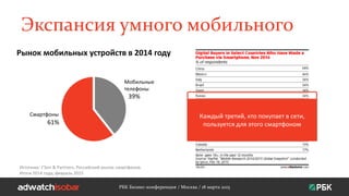 Экспансия умного мобильного
39%
61%
РБК Бизнес-конференция / Москва / 18 марта 2015
Источник: J’Son & Partners; Российский рынок смартфонов.
Итоги 2014 года; февраль 2015
Рынок мобильных устройств в 2014 году
Смартфоны
Мобильные
телефоны
Каждый третий, кто покупает в сети,
пользуется для этого смартфоном
 