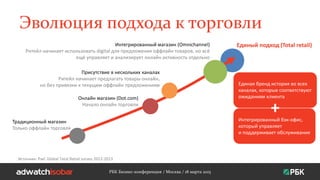 Эволюция подхода к торговли
РБК Бизнес-конференция / Москва / 18 марта 2015
Источник: PwC Global Total Retail survey 2012-2013
Традиционный магазин
Только оффлайн торговля
Онлайн магазин (Dot.com)
Начало онлайн торговли
Присутствие в нескольких каналах
Ритейл начинает предлагать товары онлайн,
но без привязки к текущим оффлайн предложениям
Интегрированный магазин (Omnichannel)
Ритейл начинает использовать digital для предложения оффлайн товаров, но всё
ещё управляет и анализирует онлайн активность отдельно
Единый подход (Total retail)
Единая бренд история во всех
каналах, которые соответствуют
ожиданиям клиента
Интегрированный бэк-офис,
который управляет
и поддерживает обслуживание
+
 