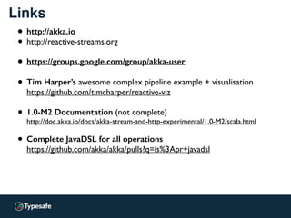 Links
• http://akka.io
• http://reactive-streams.org 
• https://groups.google.com/group/akka-user 
• Tim Harper’s awesome complex pipeline example + visualisation 
https://github.com/timcharper/reactive-viz 
• 1.0-M2 Documentation (not complete) 
http://doc.akka.io/docs/akka-stream-and-http-experimental/1.0-M2/scala.html
• Complete JavaDSL for all operations 
https://github.com/akka/akka/pulls?q=is%3Apr+javadsl
 