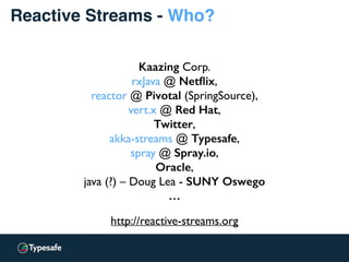 Reactive Streams - Who?
http://reactive-streams.org
Kaazing Corp.
rxJava @ Netﬂix,
reactor @ Pivotal (SpringSource),
vert.x @ Red Hat,
Twitter,
akka-streams @ Typesafe,
spray @ Spray.io,
Oracle,
java (?) – Doug Lea - SUNY Oswego
…
 