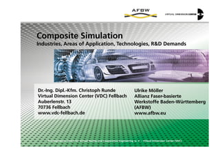 Composite Simulation
Industries, Areas of Application, Technologies, R&D Demands
© Competence Centre for Virtual Reality and Cooperative Engineering w. V. – Virtual Dimension Center (VDC)
Dr.-Ing. Dipl.-Kfm. Christoph Runde
Virtual Dimension Center (VDC) Fellbach
Auberlenstr. 13
70736 Fellbach
www.vdc-fellbach.de
Ulrike Möller
Allianz Faser-basierte
Werkstoffe Baden-Württemberg
(AFBW)
www.afbw.eu
 