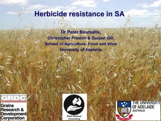 Herbicide resistance in SA
Dr Peter Boutsalis,
Christopher Preston & Gurjeet Gill.
School of Agriculture, Food and Wine
University of Adelaide
Plant Science
Consulting
 