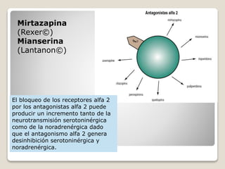 El bloqueo de los receptores alfa 2
por los antagonistas alfa 2 puede
producir un incremento tanto de la
neurotransmisión serotoninérgica
como de la noradrenérgica dado
que el antagonismo alfa 2 genera
desinhibición serotoninérgica y
noradrenérgica.
Mirtazapina
(Rexer©)
Mianserina
(Lantanon©)
 