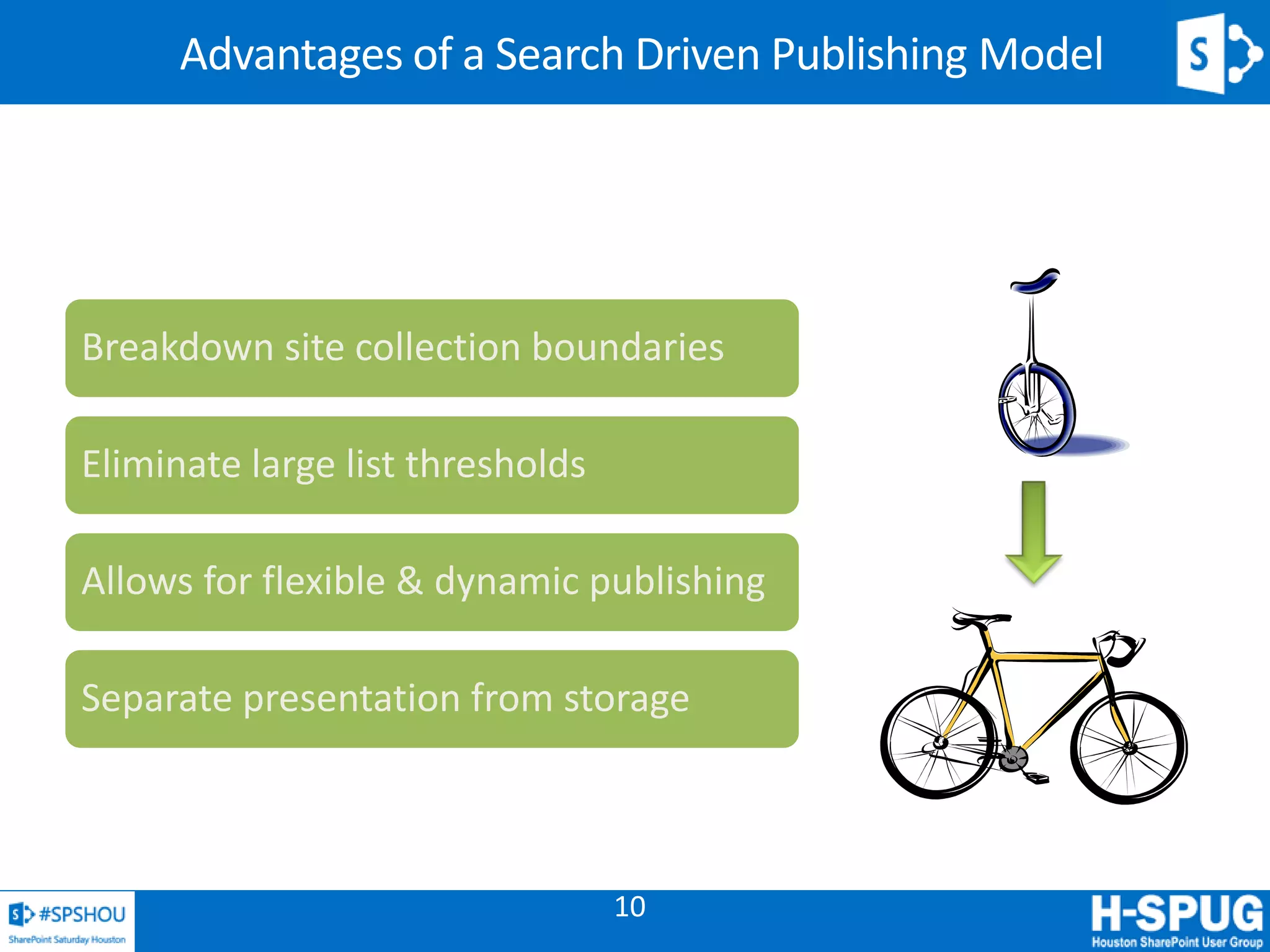 10
Advantages of a Search Driven Publishing Model
Breakdown site collection boundaries
Eliminate large list thresholds
Allows for flexible & dynamic publishing
Separate presentation from storage
 