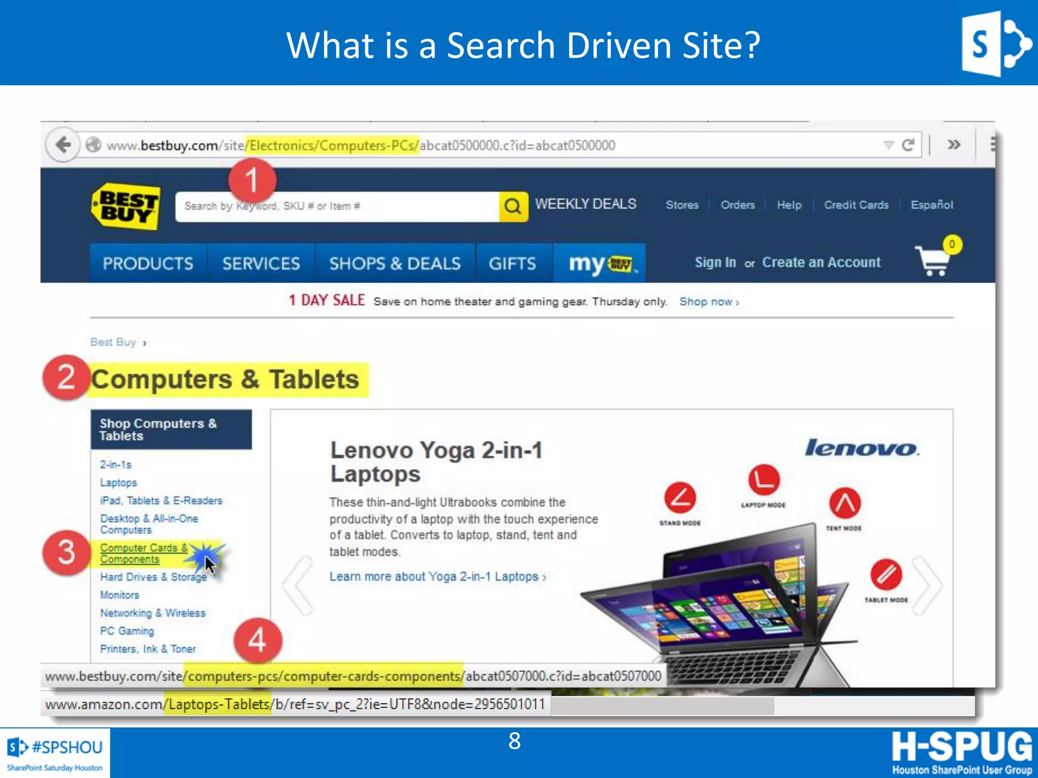 8
What is a Search Driven Site?
A site driven by search … right?
• Sounds complicated until you see it.
• Examples:
– Best Buy
– Amazon
Core Concepts
• Navigation Driven by metadata
• Published Content is the focus
• Site Structure very simple
Implementation
• Two Publishing Pages
• Friendly URLs
• Content can be anywhere
 