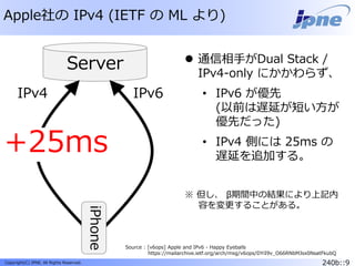 240b::9Copyright(C) JPNE, All Rights Reserved.
Apple社の IPv4 (IETF の ML より)
Server
Source : [v6ops] Apple and IPv6 - Happy Eyeballs
https://mailarchive.ietf.org/arch/msg/v6ops/DYiI9v_O66RNbMJsx0NsatFkubQ
IPv4 IPv6
+25ms
iPhone
 通信相手がDual Stack /
IPv4-only にかかわらず、
• IPv6 が優先
(以前は遅延が短い方が
優先だった)
• IPv4 側には 25ms の
遅延を追加する。
※ 但し、 β期間中の結果により上記内
容を変更することがある。
 