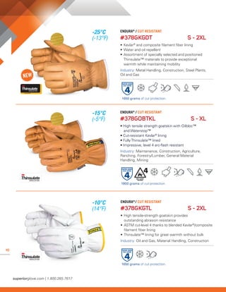 10
ENDURA®
/ CUT RESISTANT
#378GKGDT 	 S - 2XL
• 	Kevlar®
and composite filament fiber lining
• 	Water and oil repellent
• 	Assortment of specially selected and positioned 	
	 Thinsulate™ materials to provide exceptional 		
	 warmth while maintaining mobility
Industry: Metal Handling, Construction, Steel Plants,
Oil and Gas
ENDURA®
/ CUT RESISTANT
#378GOBTKL	 S - XL
• High tensile strength goatskin with Oilbloc™
	 and Waterstop™
• Cut-resistant Kevlar®
lining
• Fully Thinsulate™ lined
• Impressive, level 4 arc-flash resistant
Industry: Maintenance, Construction, Agriculture,
Ranching, Forestry/Lumber, General Material
Handling, Mining
1650 grams of cut protection.
1800 grams of cut protection.
ENDURA®
/ CUT RESISTANT
#378GKGTL	 S - 2XL
• 	High tensile-strength goatskin provides
	 outstanding abrasion resistance
• 	ASTM cut-level 4 thanks to blended Kevlar®
/composite 	
	 filament fiber lining
• 	Thinsulate™ lining for great warmth without bulk
Industry: Oil and Gas, Material Handling, Construction
1650 grams of cut protection.
-25°C
(-13°F)
-15°C
(-5°F)
-10°C
(14°F)
 