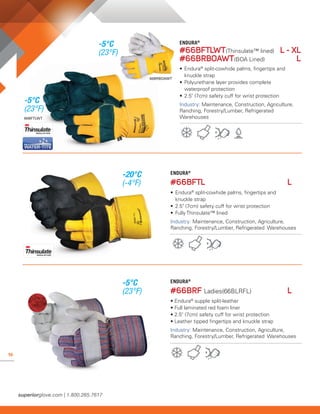 16
ENDURA®
#66BFTL	L
• 	Endura®
split-cowhide palms, fingertips and 		
	 knuckle strap
• 	2.5 (7cm) safety cuff for wrist protection
• 	Fully Thinsulate™ lined
Industry: Maintenance, Construction, Agriculture,
Ranching, Forestry/Lumber, Refrigerated Warehouses
ENDURA®
#66BRF Ladies(66BLRFL) 	 L
• Endura®
supple split-leather
• Full laminated red foam liner
• 2.5 (7cm) safety cuff for wrist protection
• Leather tipped fingertips and knuckle strap
Industry: Maintenance, Construction, Agriculture,
Ranching, Forestry/Lumber, Refrigerated Warehouses
ENDURA®
#66BFTLWT(Thinsulate™ lined)	 L - XL
#66BRBOAWT(BOA Lined)	L
• 	Endura®
split-cowhide palms, fingertips and
	 knuckle strap
• 	Polyurethane layer provides complete
	 waterproof protection
• 	2.5 (7cm) safety cuff for wrist protection
Industry: Maintenance, Construction, Agriculture,
Ranching, Forestry/Lumber, Refrigerated
Warehouses66BFTLWT
66BRBOAWT
-5°C
(23°F)
-5°C
(23°F)
-20°C
(-4°F)
-5°C
(23°F)
 
