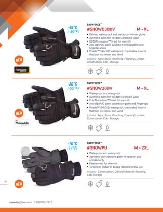 18
SNOWFORCE™
#SNOWD388V 	 M - XL 	
• 	Deluxe, waterproof and windproof winter glove
• 	Synthetic palm for flexibility and long wear
• 	G200 Thinsulate™ lined for warmth
• 	Anti-slip PVC palm patches in critical palm and
	 fingertip areas
• 	Porelle™ Ski-Dri2 waterproof, breathable inserts
	 that lock out water and wind
Industry: Agriculture, Ranching, Forestry/Lumber,
Construction, Cold Storage
SNOWFORCE™
#SNOW388V 	 M - XL	
• 	Waterproof and windproof
• 	Synthetic palm for flexibility and long wear
• 	Fully Thinsulate™ lined for warmth
• 	Anti-slip PVC palm patches on palm and fingertips
• 	Porelle™ Ski-Dri2 waterproof, breathable inserts
	 that lock out water and wind
Industry: Agriculture, Ranching, Forestry/Lumber,
Construction, Cold Storage
SNOWFORCE™
#SNOWPU	 M - 2XL
• 	Waterproof and windproof
• 	Synthetic polyurethane palm for greater grip
	 and dexterity
• 	Fleece-lined for warmth
• 	Turtleneck knitwrist keeps cold and snow out
Industry: Construction, General Material Handling,
Cold Storage
-45°C
(-49°F)
-30°C
(-22°F)
-10°C
(14°F)
 