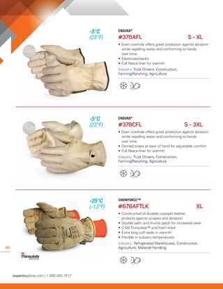20
ENDURA®
#378CFL	 S - 3XL
• Grain cowhide offers great protection against abrasion 	
	 while repelling water and conforming to hands
	 over time
• 	Domed snaps at back of hand for adjustable comfort
• 	Full fleece liner for warmth
Industry: Truck Drivers, Construction,
Farming/Ranching, Agriculture
ENDURA®
#378AFL	 S - XL
• Grain cowhide offers great protection against abrasion 	
	 while repelling water and conforming to hands
	 over time
• 	Elasticized backs
• 	Full fleece liner for warmth
Industry: Truck Drivers, Construction,
Farming/Ranching, Agriculture
SNOWFORCE™
#678AFTLK	XL
• 	Constructed of durable cowsplit leather;
	 protects against scrapes and abrasion
• 	Double palm and thumb patch for increased wear
• 	C100 Thinsulate™ and foam lined
• 	Extra long cuff seals in warmth
• 	Flexible in subzero temperatures
Industry: Refrigerated Warehouses, Construction,
Agriculture, Material Handling
-5°C
(23°F)
-5°C
(23°F)
-25°C
(-13°F)
 