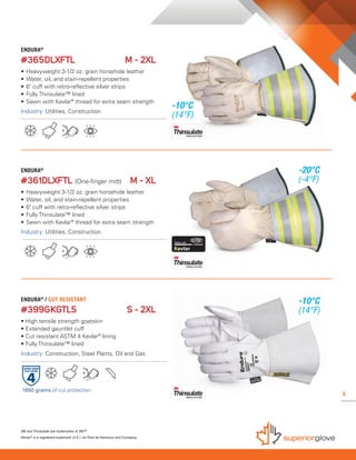 5
ENDURA®
#365DLXFTL M - 2XL
• Heavyweight 3-1/2 oz. grain horsehide leather
• Water, oil, and stain-repellent properties
• 6" cuff with retro-reflective silver strips
• Fully Thinsulate™ lined
• Sewn with Kevlar®
thread for extra seam strength
Industry: Utilities, Construction
-10°C
(14°F)
ENDURA®
/ CUT RESISTANT
#399GKGTL5 S - 2XL
• High tensile strength goatskin
• Extended gauntlet cuff
• Cut resistant ASTM 4 Kevlar®
lining
• Fully Thinsulate™ lined
Industry: Construction, Steel Plants, Oil and Gas
1650 grams of cut protection.
-10°C
(14°F)
ENDURA®
#361DLXFTL (One-finger mitt) M - XL
• Heavyweight 3-1/2 oz. grain horsehide leather
• Water, oil, and stain-repellent properties
• 6" cuff with retro-reflective silver strips
• Fully Thinsulate™ lined
• Sewn with Kevlar®
thread for extra seam strength
Industry: Utilities, Construction
-20°C
(-4°F)
Kevlar®
is a registered trademark of E.I. du Pont de Nemours and Company.
3M and Thinsulate are trademarks of 3M™
5
 