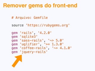 App tradicional
Rails
Organizar o JS
Aplicar um
framework JS
Separar o
front-end do
back-end
 