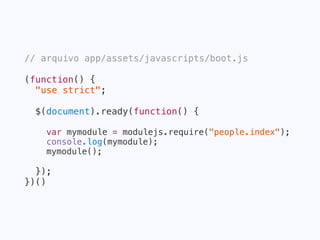 Carregamento
da página
Executa JS de
terceiros
Dispatcher
(boot.js)
people/index.js
foo.js
people/new.js people/edit.js people/show.js
bar.js
x.js y.js
Fluxo de
execução
 