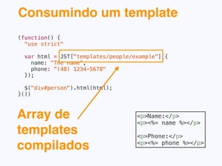 ✘var name, phone, html;
name = "The name”;
phone = “(48) 1234-5678”;
 
html = "<p>Name:</p><p>" + name + "</p>";
html += "<p>Phone:</p><p>" + phone + “</p>”;
$("div#person").html(html)
 