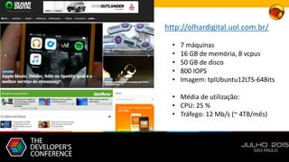 http://olhardigital.uol.com.br/
• 7 máquinas
• 16 GB de memória, 8 vcpus
• 50 GB de disco
• 800 IOPS
• Imagem: tplUbuntu12LTS-64Bits
• Média de utilização:
• CPU: 25 %
• Tráfego: 12 Mb/s (~ 4TB/mês)
 