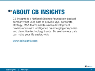 @cbinsights | #techipo 2
CB Insights is a National Science Foundation-backed
company that uses data to provide VCs, corporate
strategy, M&A teams and business development
professionals with intelligence on emerging companies
and disruptive technology trends. To see how our data
can make your life easier, visit:
www.cbinsights.com
 
