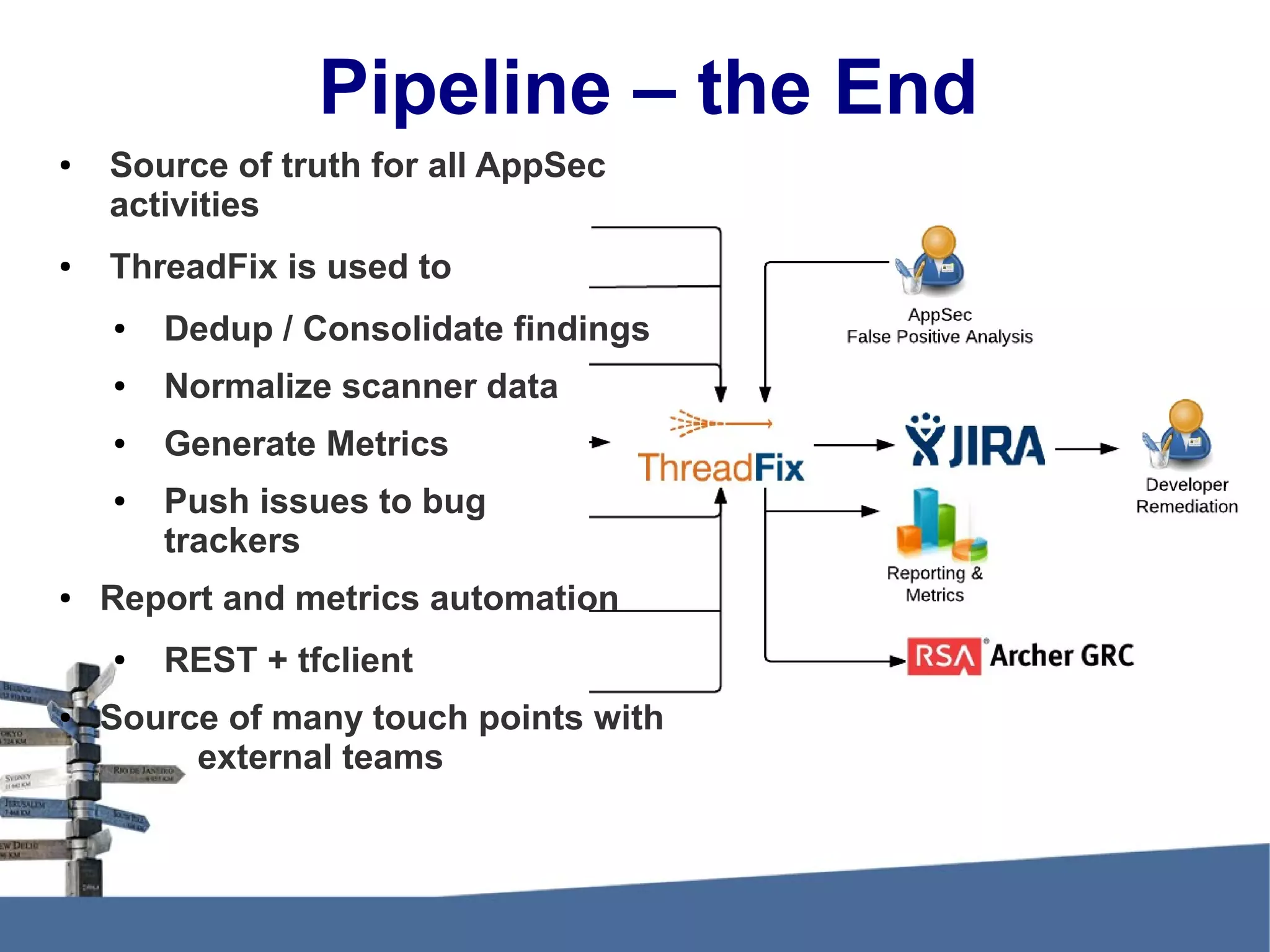 Pipeline – the End ● Source of truth for all AppSec activities ● ThreadFix is used to ● Dedup / Consolidate findings ● Normalize scanner data ● Generate Metrics ● Push issues to bug trackers ● Report and metrics automation ● REST + tfclient ● Source of many touch points with external teams 