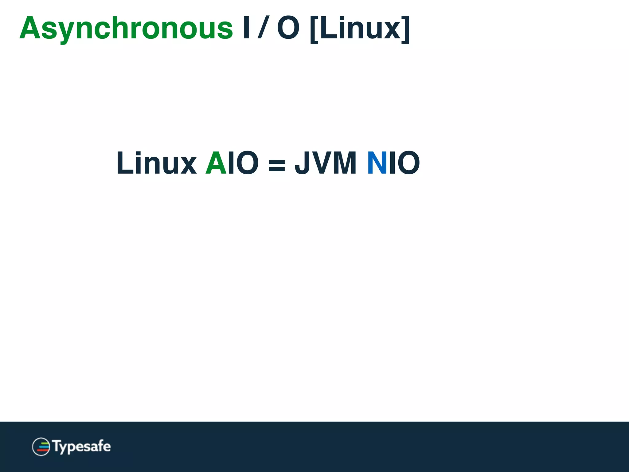 Asynchronous I / O [Linux]
Linux AIO = JVM NIO
 