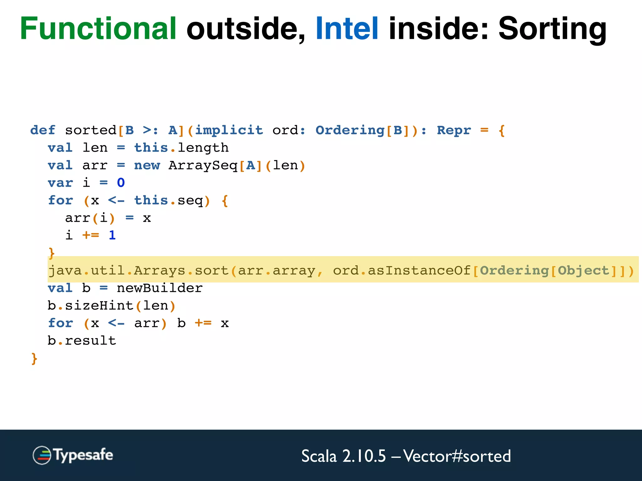Scala 2.10.5 –Vector#sorted
def sorted[B >: A](implicit ord: Ordering[B]): Repr = {
val len = this.length
val arr = new ArraySeq[A](len)
var i = 0
for (x <- this.seq) {
arr(i) = x
i += 1
}
java.util.Arrays.sort(arr.array, ord.asInstanceOf[Ordering[Object]])
val b = newBuilder
b.sizeHint(len)
for (x <- arr) b += x
b.result
}
Functional outside, Intel inside: Sorting
 