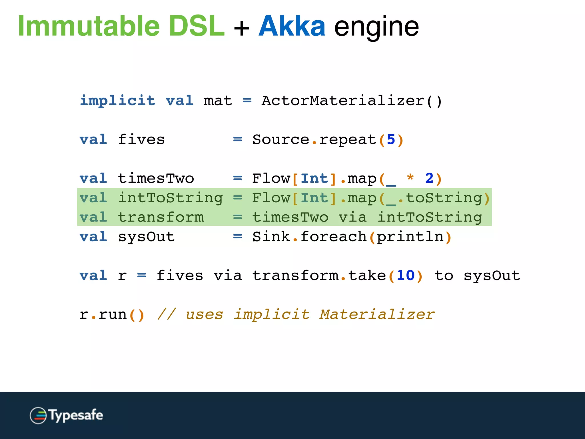 implicit val mat = ActorMaterializer()
val fives = Source.repeat(5)
val timesTwo = Flow[Int].map(_ * 2)
val intToString = Flow[Int].map(_.toString)
val transform = timesTwo via intToString
val sysOut = Sink.foreach(println)
val r = fives via transform.take(10) to sysOut
 
r.run() // uses implicit Materializer
Immutable DSL + Akka engine
 