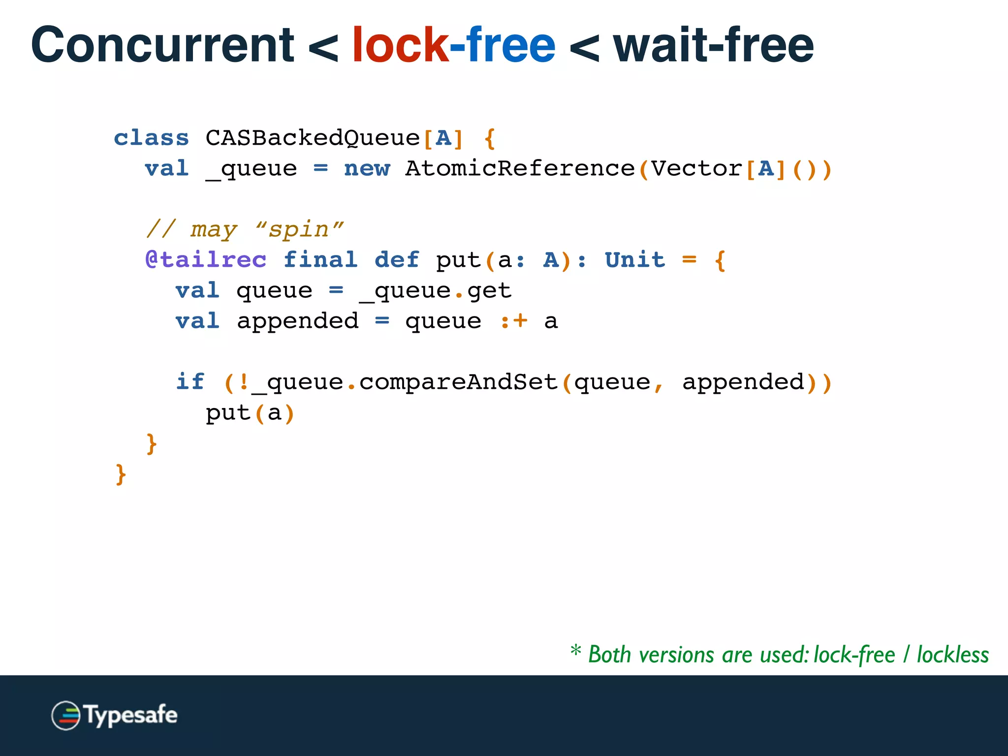 * Both versions are used: lock-free / lockless
class CASBackedQueue[A] {
val _queue = new AtomicReference(Vector[A]())
// may “spin”
@tailrec final def put(a: A): Unit = {
val queue = _queue.get
val appended = queue :+ a
if (!_queue.compareAndSet(queue, appended))
put(a)
}
}
Concurrent < lock-free < wait-free
 