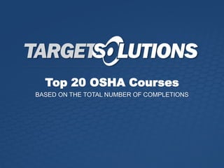 Top 20 OSHA Courses
Bloodborne Pathogens
Hearing Conservation
Back Injury Prevention
Lock-Out / Tag-Out
Slips, Trips, and ...
