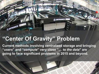 110
“Center Of Gravity” Problem
Current methods involving centralized storage and bringing
“users” and “compute” very close “… to the data” are
going to face significant problems in 2015 and beyond.
 