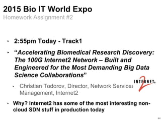 Homework Assignment #2
2015 Bio IT World Expo
‣ 2:55pm Today - Track1
‣ “Accelerating Biomedical Research Discovery:
The 100G Internet2 Network – Built and
Engineered for the Most Demanding Big Data
Science Collaborations”
• Christian Todorov, Director, Network Services
Management, Internet2
‣ Why? Internet2 has some of the most interesting non-
cloud SDN stuff in production today
44
 