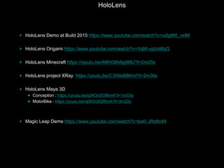 HoloLens Demo at Build 2015 https://www.youtube.com/watch?v=iu0gM0_vxIM
HoloLens Origami https://www.youtube.com/watch?v=VqM-vgUoMqQ
HoloLens Minecraft https:///youtu.be/AMH38h8g9MU?t=2m25s
HoloLens project XRay https://youtu.be/C3rNIxMlKmI?t=2m36s
HoloLens Maya 3D
Conception : https://youtu.be/q0K3n0Gf8mA?t=1m53s
MotorBike : https://youtu.be/q0K3n0Gf8mA?t=3m22s
Magic Leap Demo https://www.youtube.com/watch?v=kw0-JRa9n94
HoloLens
 