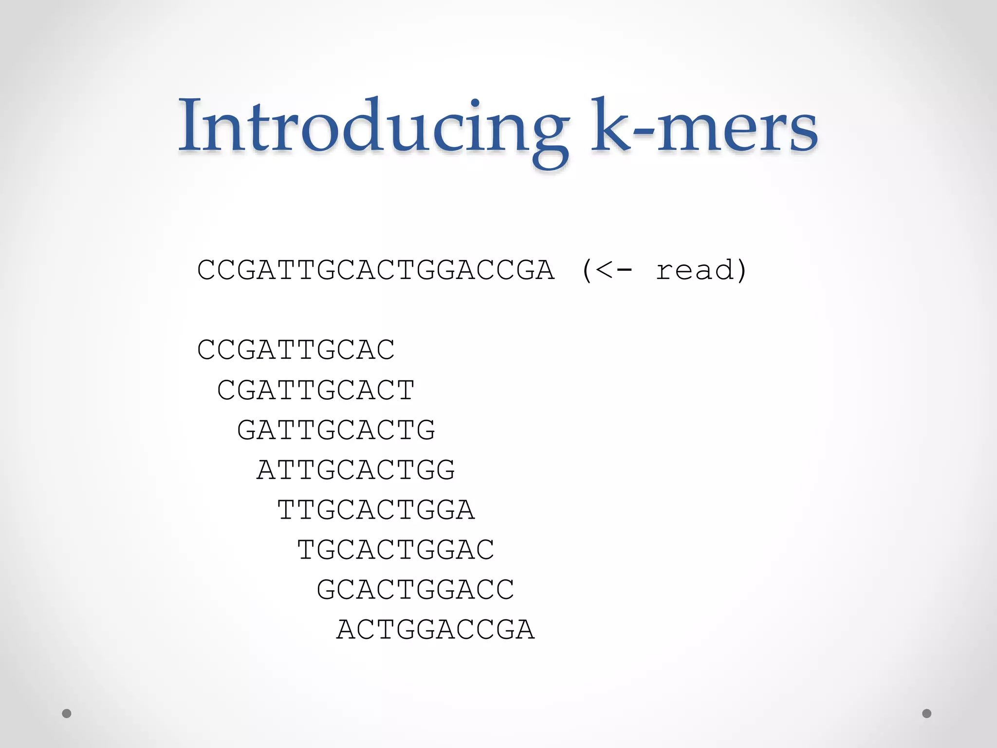 Introducing k-mers
CCGATTGCACTGGACCGA (<- read)
CCGATTGCAC
CGATTGCACT
GATTGCACTG
ATTGCACTGG
TTGCACTGGA
TGCACTGGAC
GCACTGGACC
ACTGGACCGA
 